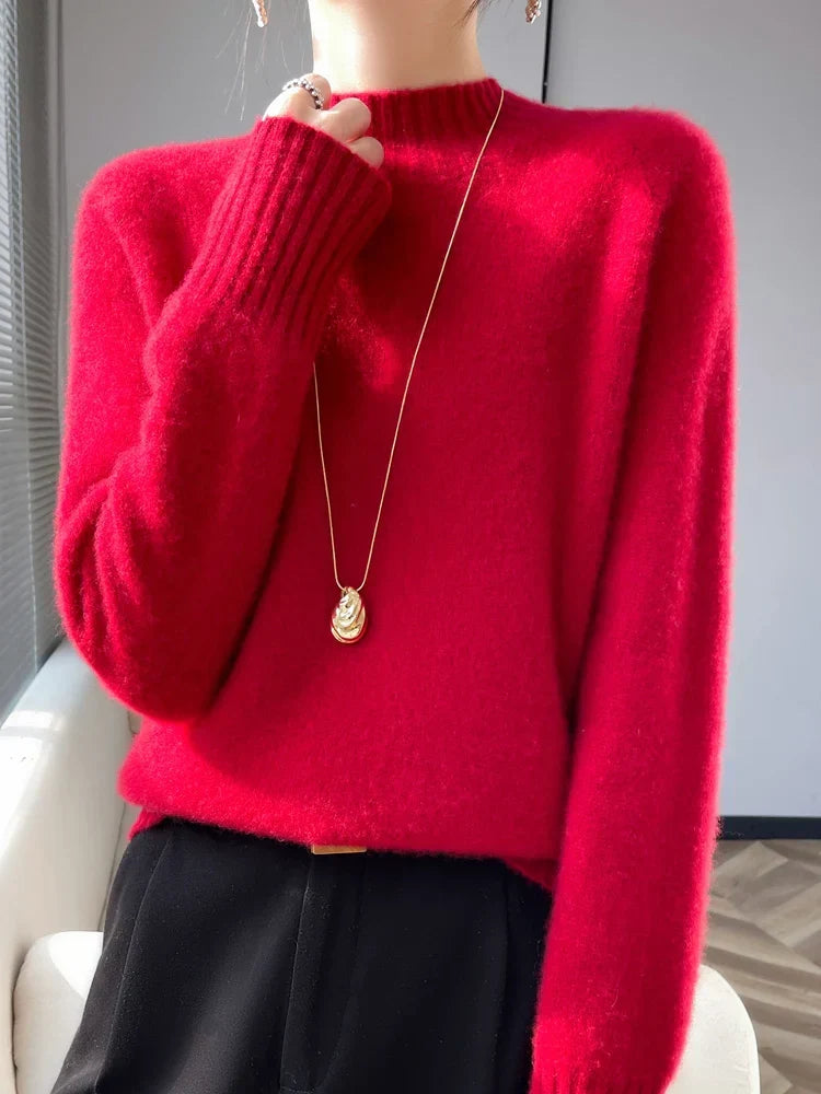 Pull en cachemire rouge vif col montant côtelé, manches longues