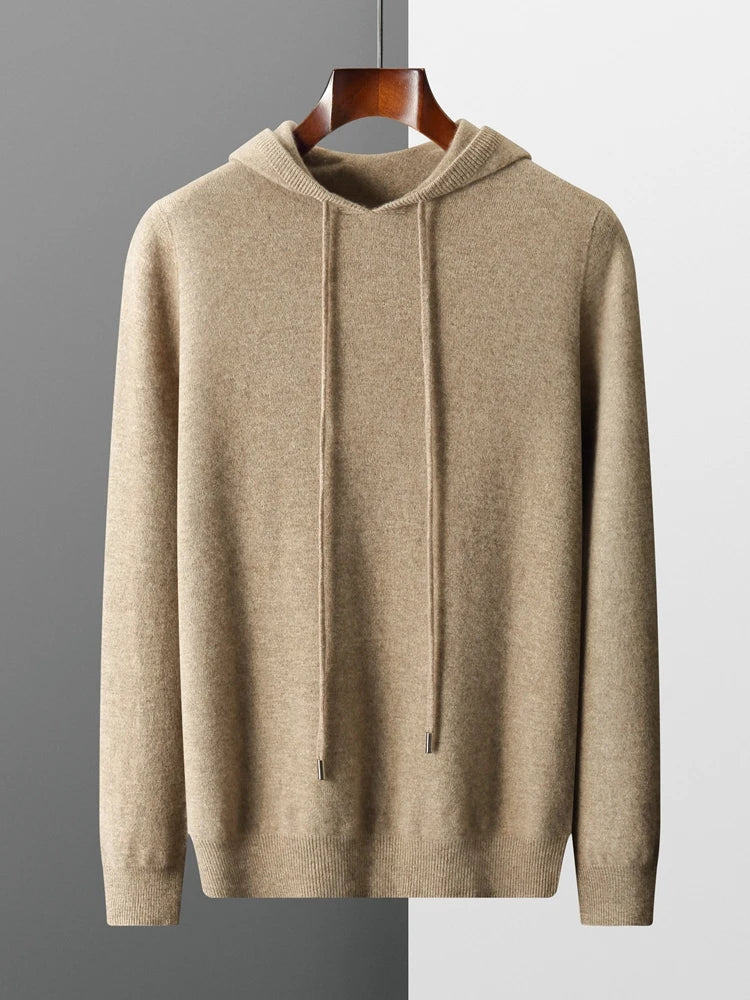 Veste à capuche en cachemire beige, vue de face, cordons, manches longues, côtelés