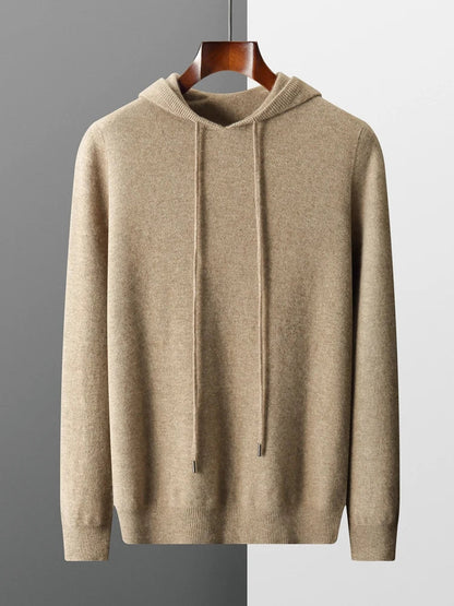 Veste à capuche en cachemire beige, vue de face, cordons, manches longues, côtelés