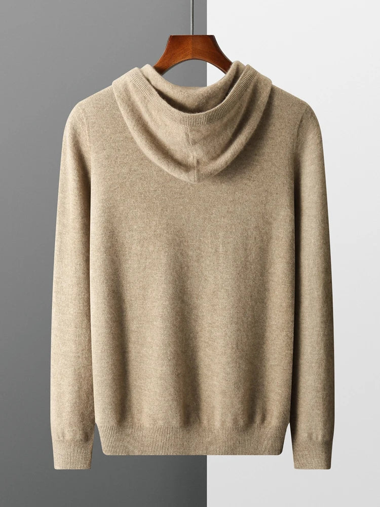 Veste à capuche en cachemire beige, manches longues, finitions côtelées, style décontracté