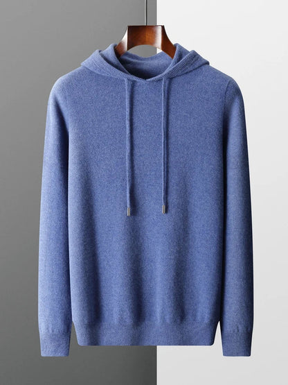 Veste à capuche en cachemire bleu, cordons à l’encolure, manches longues, côtelés