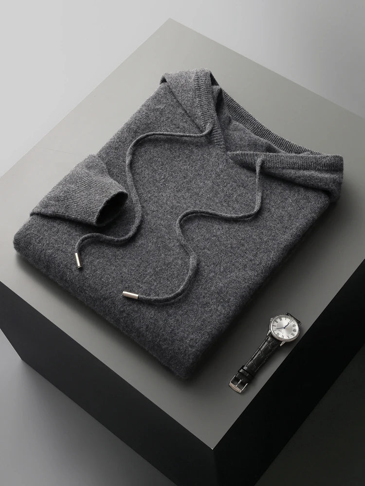 Veste à capuche en cachemire gris foncé, poche kangourou, cordons, finitions côtelées