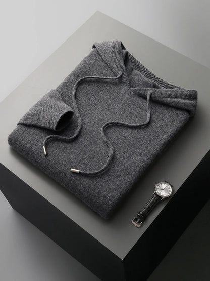 Veste à capuche en cachemire gris foncé, poche kangourou, cordons, finitions côtelées