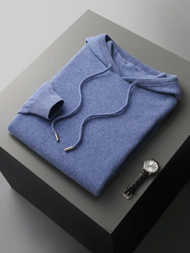 Veste à capuche en cachemire bleu, cordons de capuche, poche kangourou, côtelés