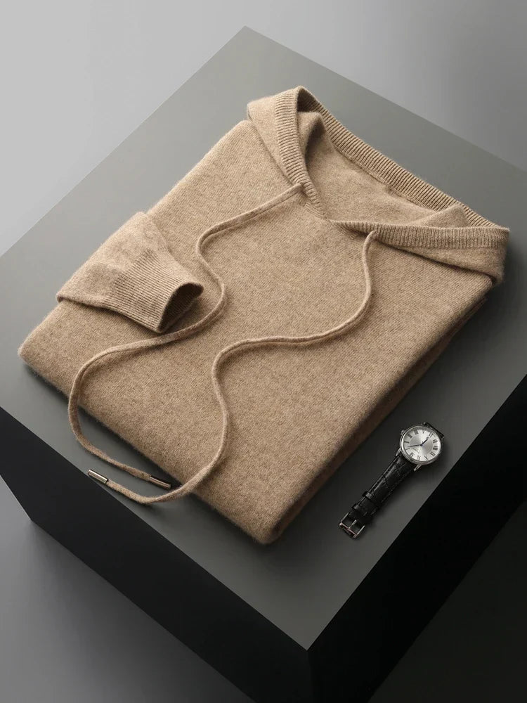 Veste à capuche en cachemire beige, modèle à enfiler, bord côtelé, poche kangourou