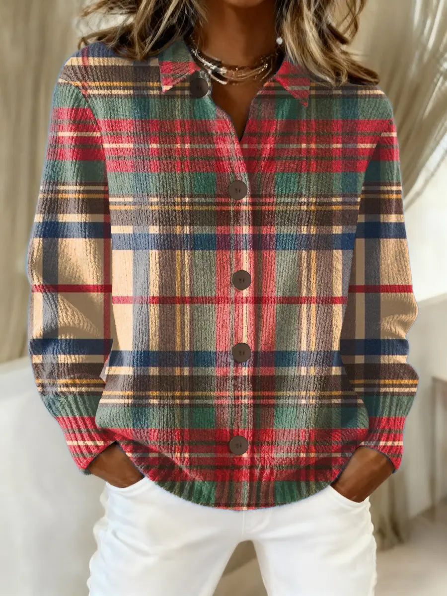 Blouse festive à carreaux multicolores, manches longues, boutonnée devant, col chemise.