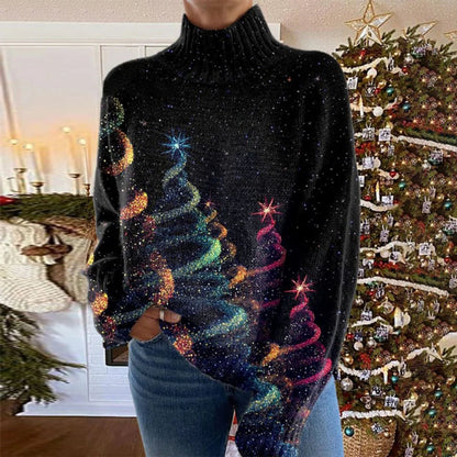 Pull col roulé noir pailleté, motifs arc-en-ciel et étoiles, vue 3/4 devant.