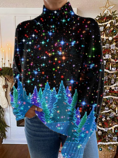 Pull col roulé noir pailleté, étoiles multicolores et sapins bleus lumineux, vue de face.