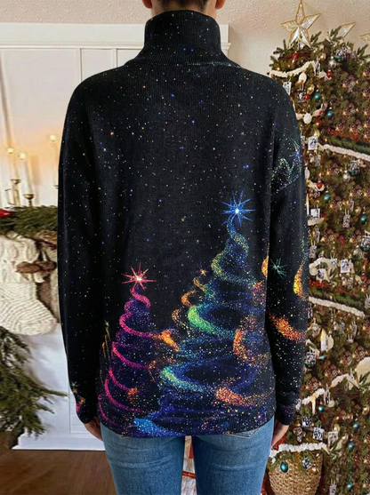 Pull col roulé noir à paillettes, motifs festifs arc-en-ciel et étoiles multicolores, vue dos.
