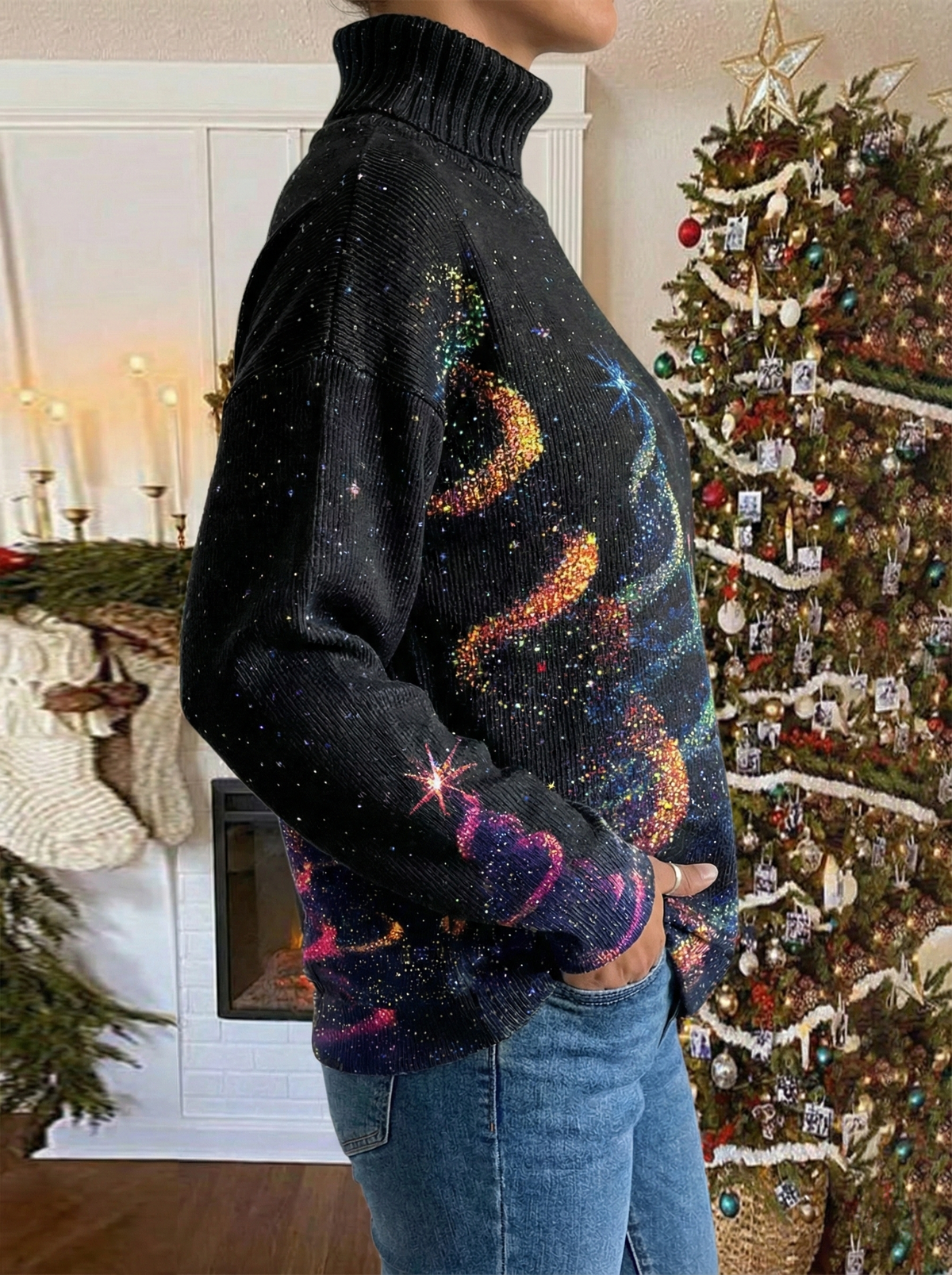 Pull col roulé noir pailleté, motif courbe arc-en-ciel sur le côté, étoiles brillantes, vue 3/4.