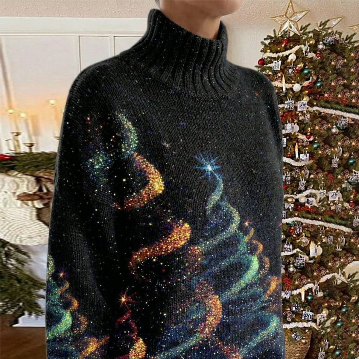 Pull col roulé noir pailleté, motifs lumineux arc-en-ciel et étoiles, gros plan sur le haut.