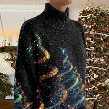 Pull col roulé noir pailleté, motifs lumineux arc-en-ciel et étoiles, gros plan sur le haut.