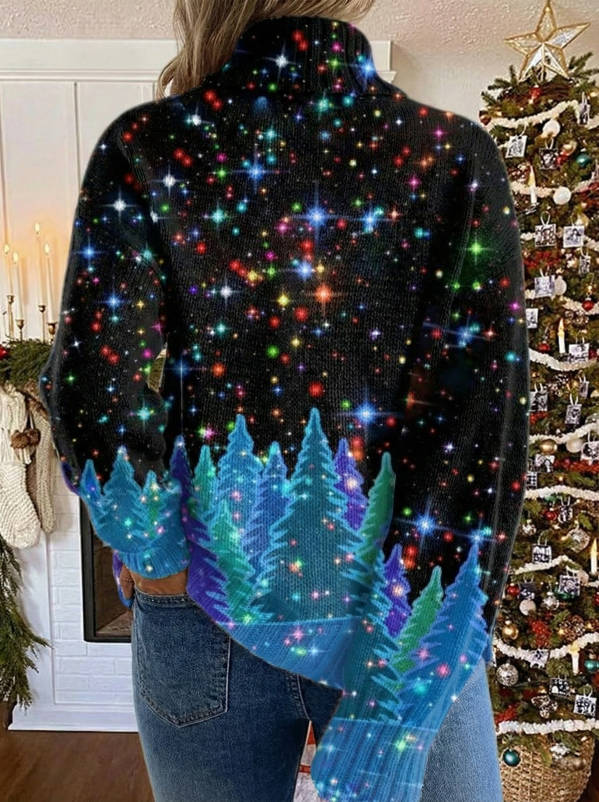 Pull col roulé noir pailleté, motif étoiles et sapins bleus lumineux sur le bas, vue dos.