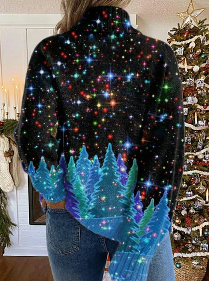 Pull col roulé noir pailleté, motif étoiles et sapins bleus lumineux sur le bas, vue dos.