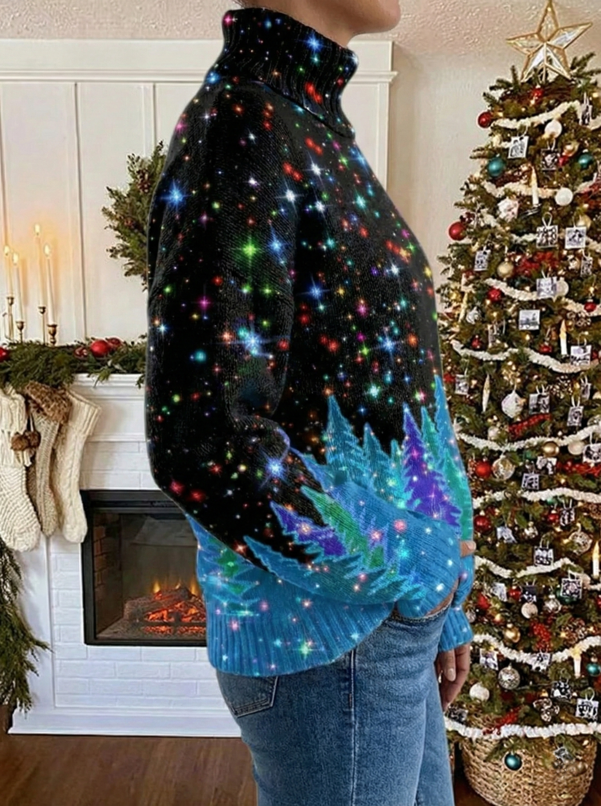 Pull col roulé noir pailleté, étoiles multicolores et sapin bleu, vue de côté sur la manche.