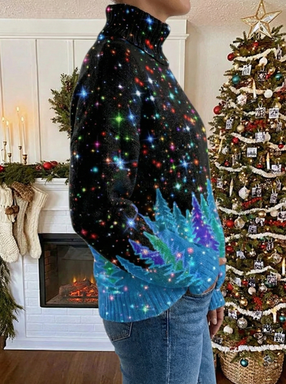 Pull col roulé noir pailleté, étoiles multicolores et sapin bleu, vue de côté sur la manche.