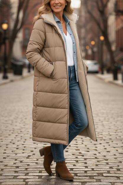 Manteau long matelassé beige clair, col doublé beige en fausse fourrure, ouvert devant.