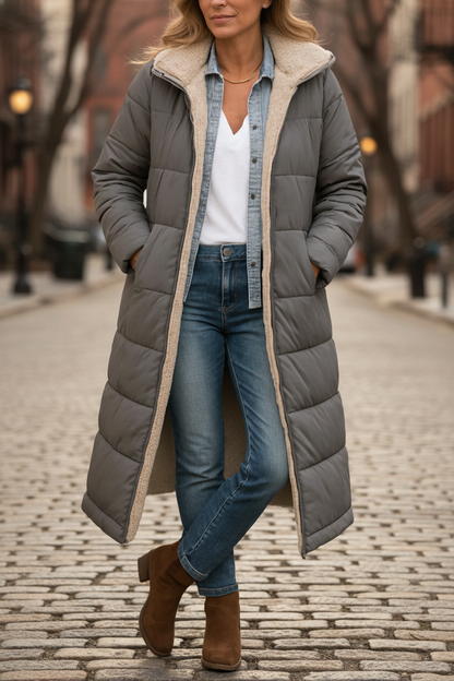 Manteau long matelassé gris foncé, col doublé beige en fausse fourrure, ouvert devant.