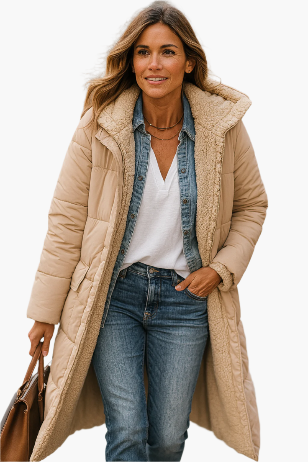 Manteau long matelassé beige, col doublé beige en fausse fourrure, ouvert devant.