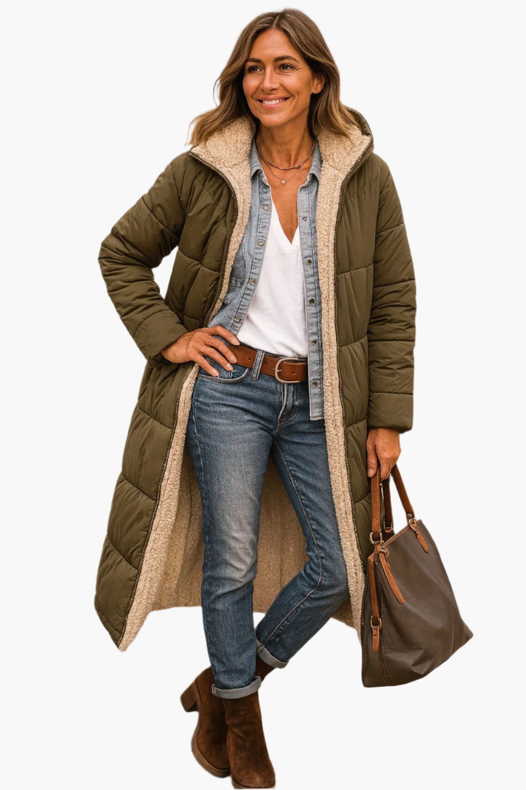 Manteau long matelassé vert armée, col doublé beige en fausse fourrure, ouvert devant.