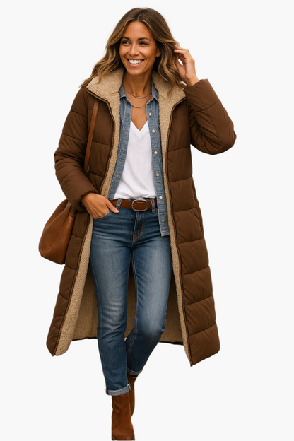 Manteau long matelassé marron, col doublé beige en fausse fourrure, ouvert devant.