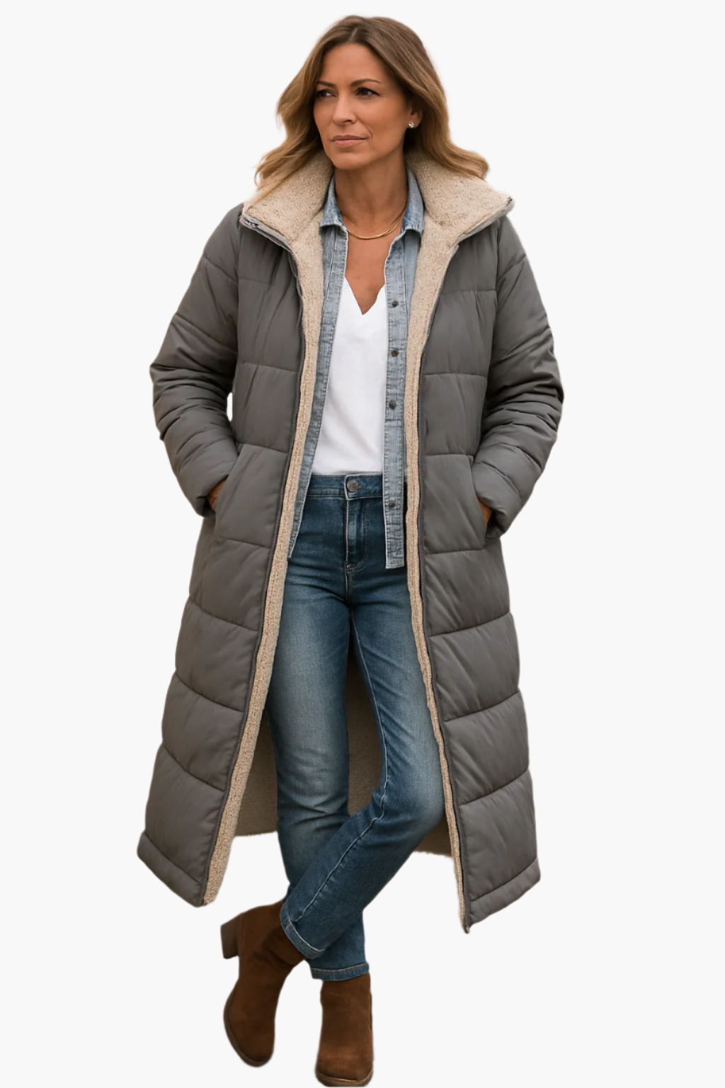 Manteau long matelassé gris, col doublé beige en fausse fourrure, ouvert devant.