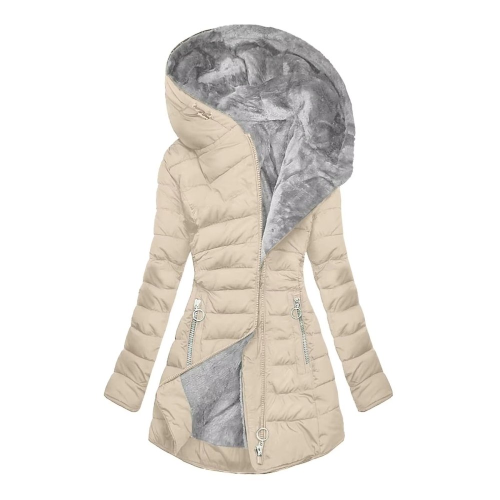 Manteau d’hiver matelassé à capuche, beige et doublure grise effet fourrure, fermeture zippée