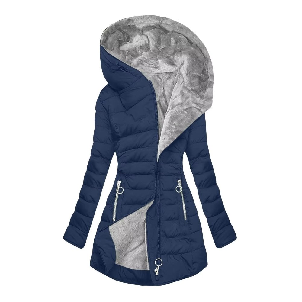 Manteau d’hiver matelassé à capuche, bleu marine et doublure grise effet fourrure, fermeture zippée