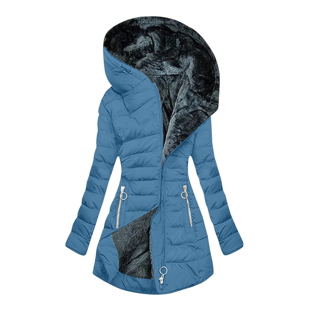 Manteau d’hiver matelassé à capuche, bleu ciel et doublure noire effet fourrure, zips à l’avant
