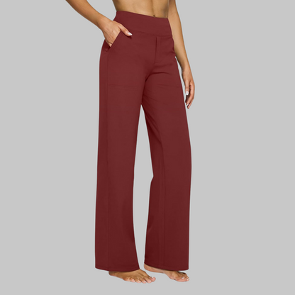 Pantalon confortable bordeaux, taille haute et jambe ample