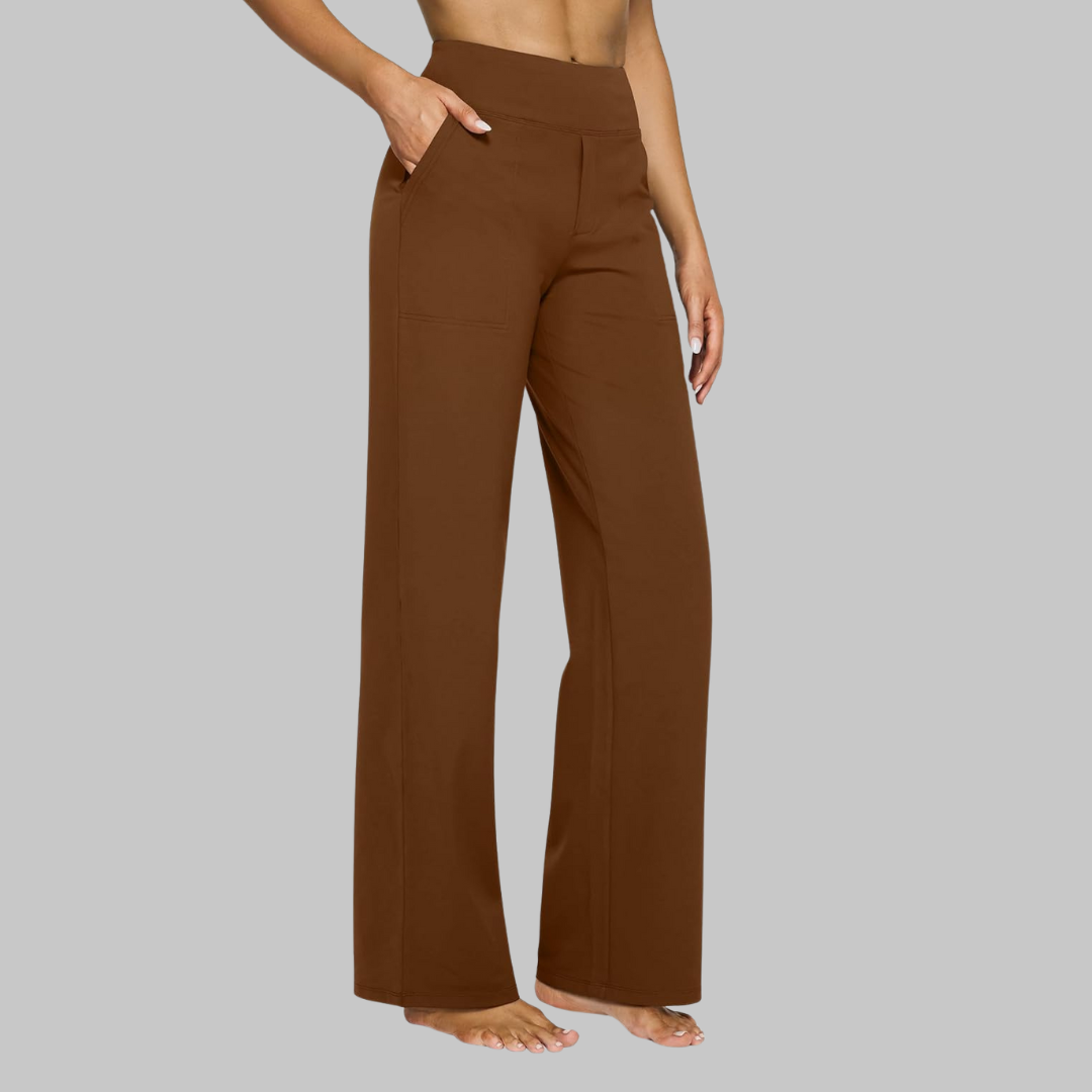 Pantalon confortable marron, taille haute et jambe ample