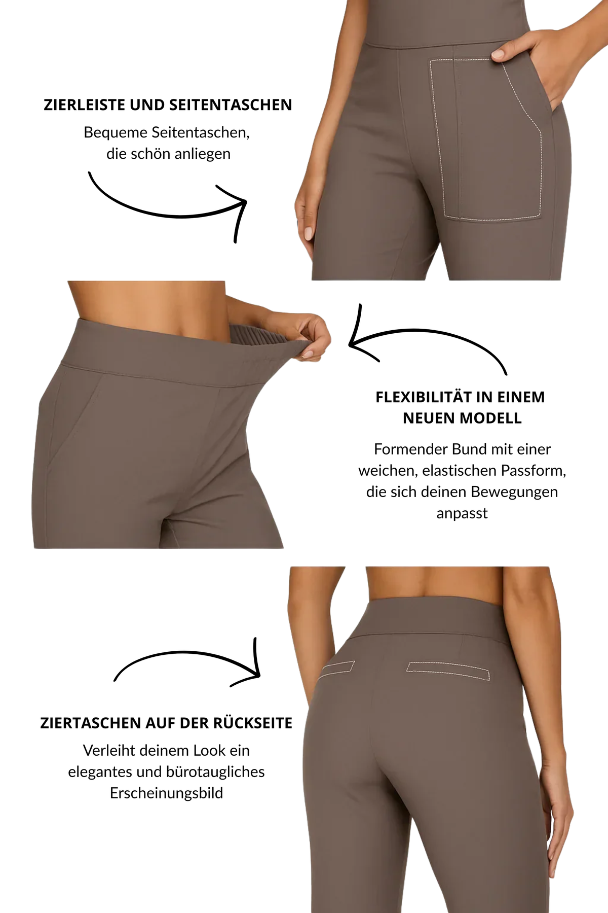 Pantalon confortable marron taupe avec poches fendues et empiècements à l’arrière