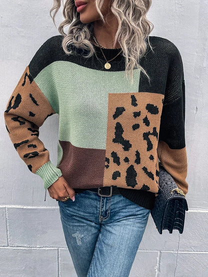 Pull décontracté manches longues à panneaux vert et noir, motif léopard