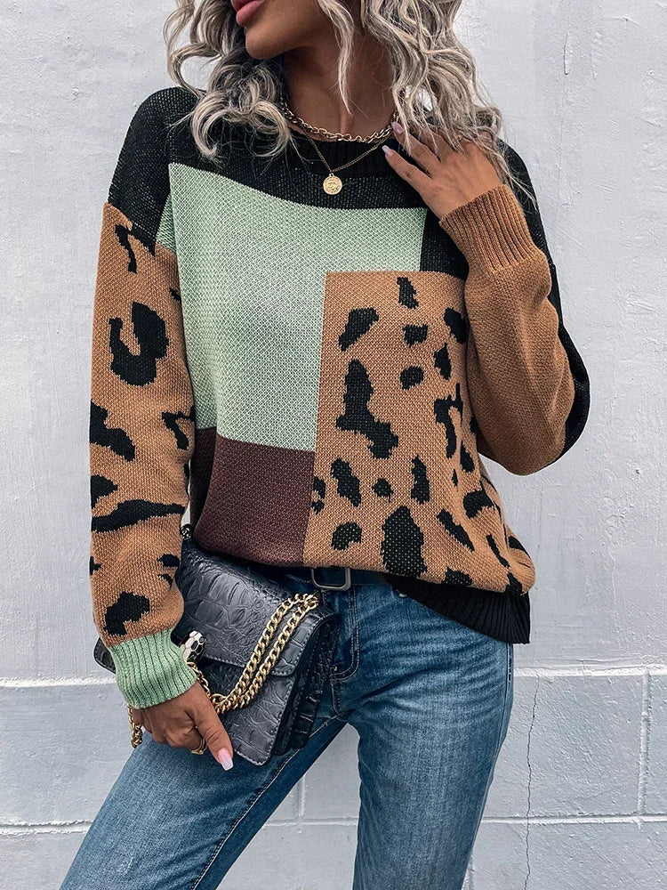 Pull décontracté à panneaux vert, marron et noir, motif léopard