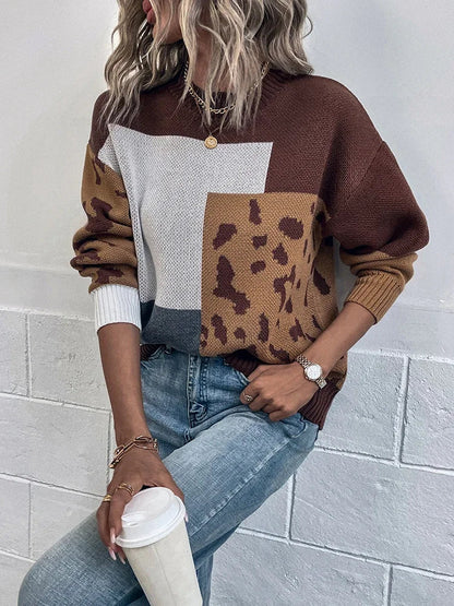 Pull décontracté marron à encolure ronde, empiècement blanc et motif léopard