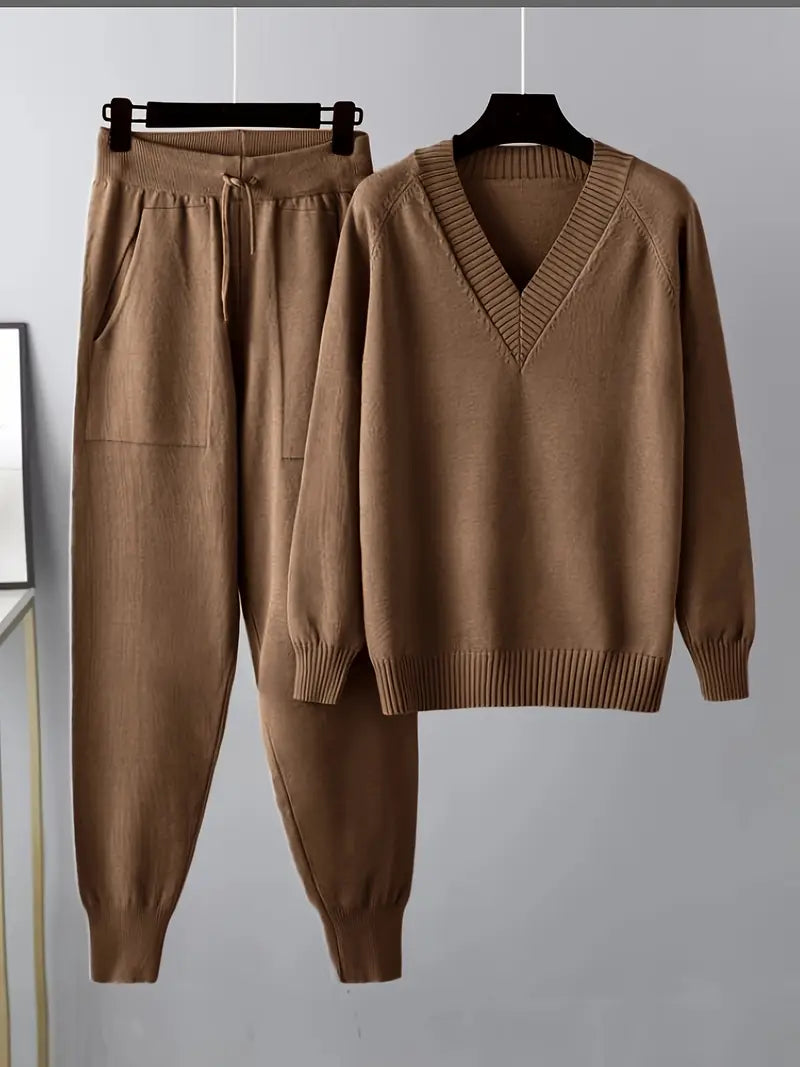 Ensemble marron : pull col V côtelé et pantalon jogging à cordon
