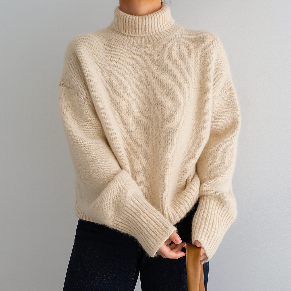 Pull oversize en cachemire crème, col roulé, manches longues et tricot épais.