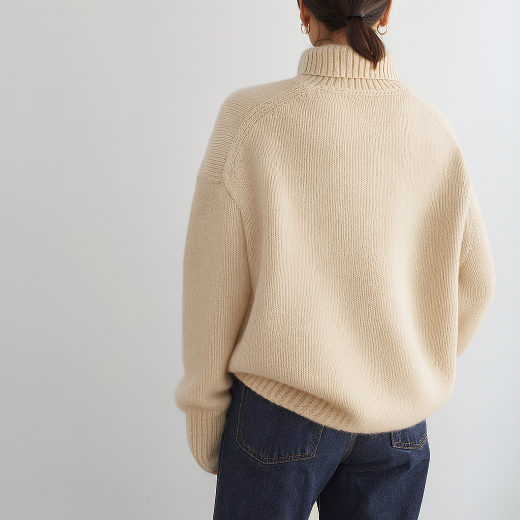 Pull oversize en cachemire crème, col roulé côtelé, bordures côtelées.