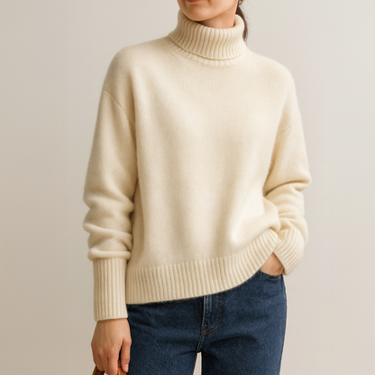 Pull oversize en cachemire crème, col roulé haut, bordures côtelées.