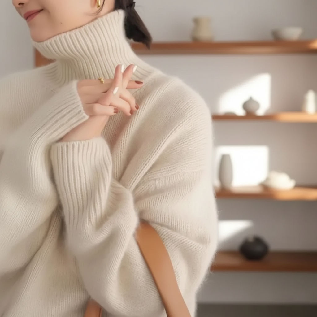 Pull oversize en cachemire crème, col roulé côtelé, maille texturée.