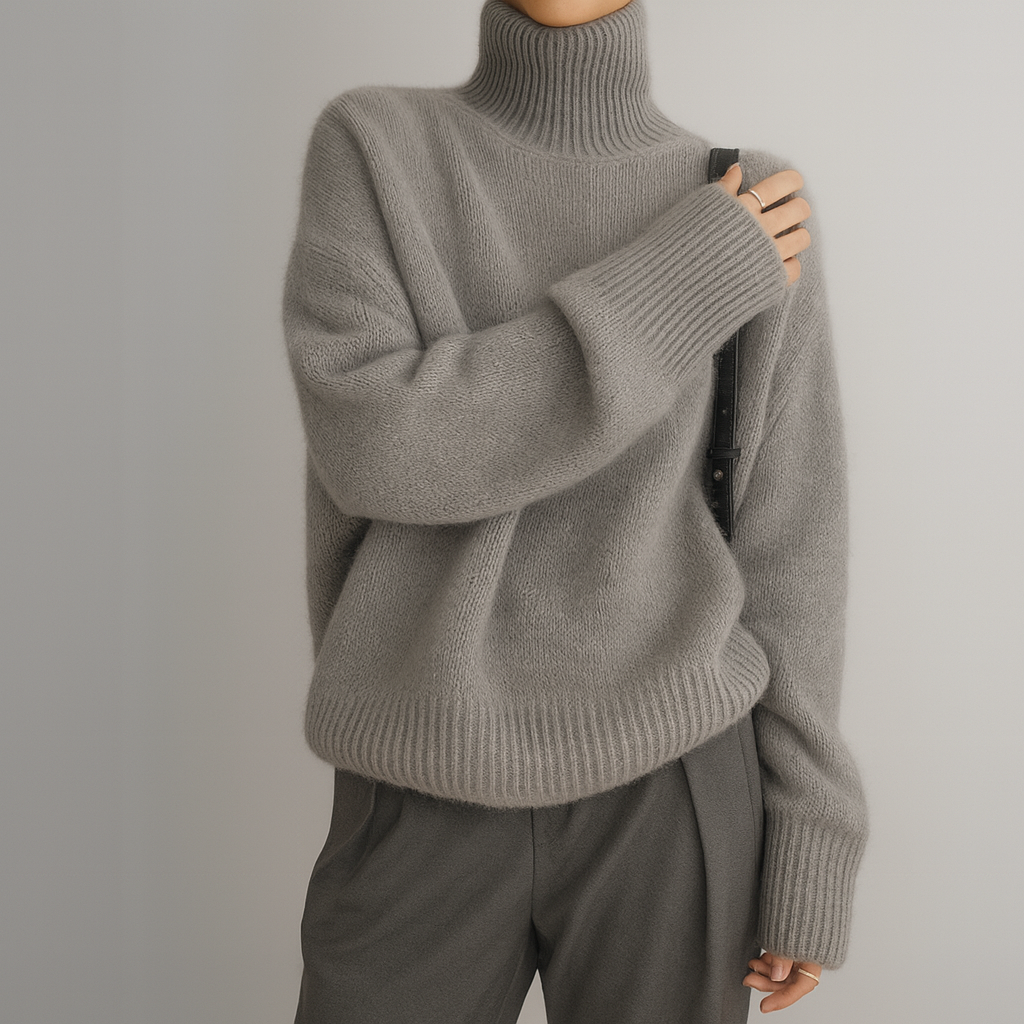 Pull oversize en cachemire gris pierre, col roulé, manches longues amples.