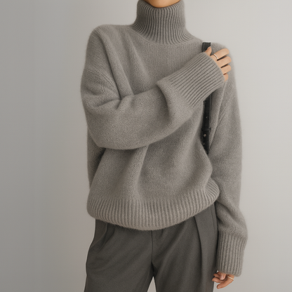 Pull oversize en cachemire gris pierre, col roulé, manches longues amples.