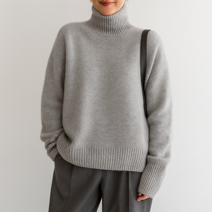 Pull oversize en cachemire gris pierre, col roulé côtelé, finitions côtelées.