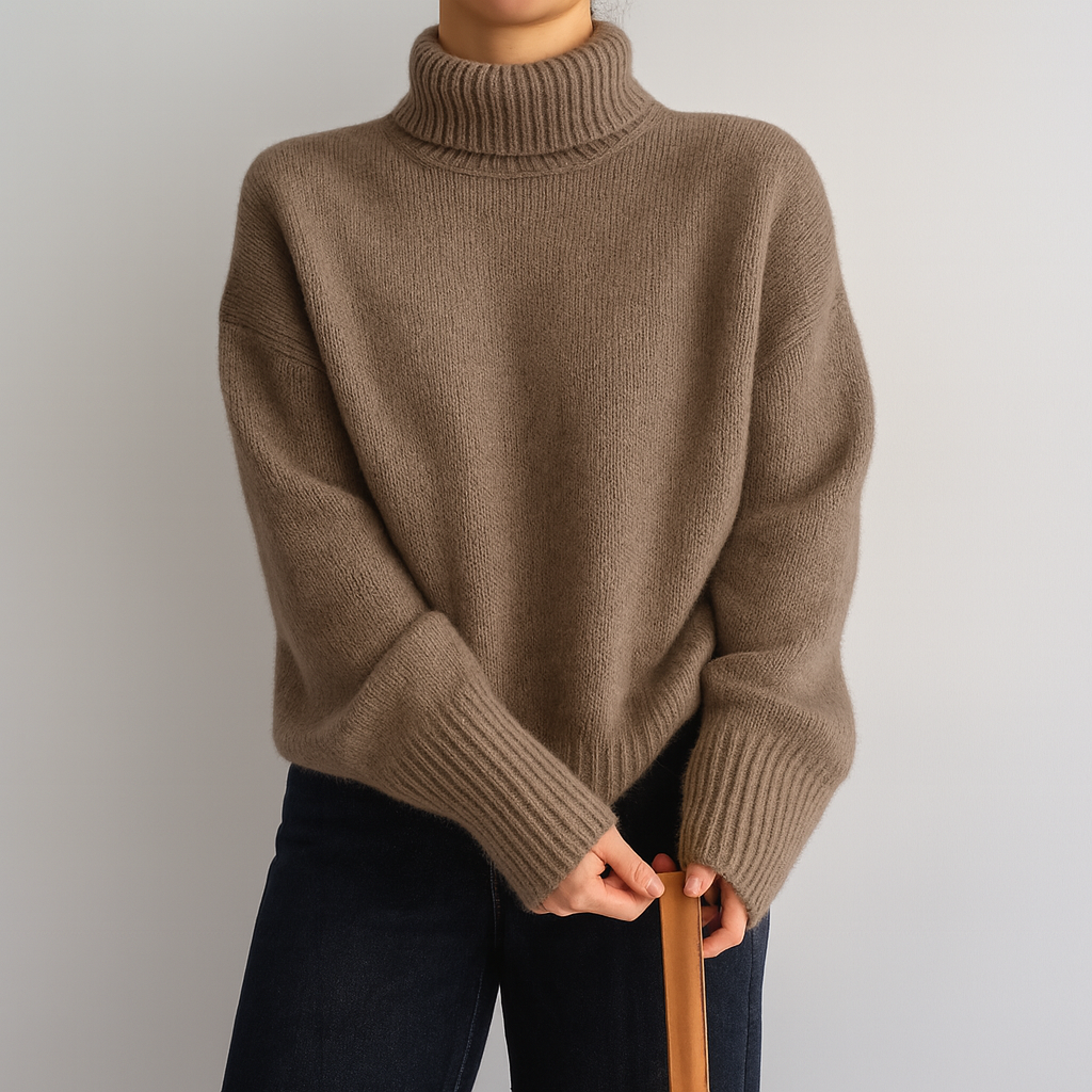 Pull oversize en cachemire taupe, col roulé côtelé, maille dense, coupe droite.