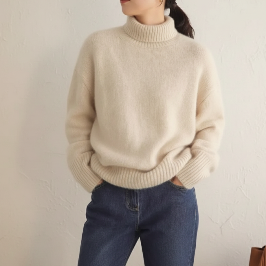 Pull oversize en cachemire crème, col roulé haut, coupe ample.