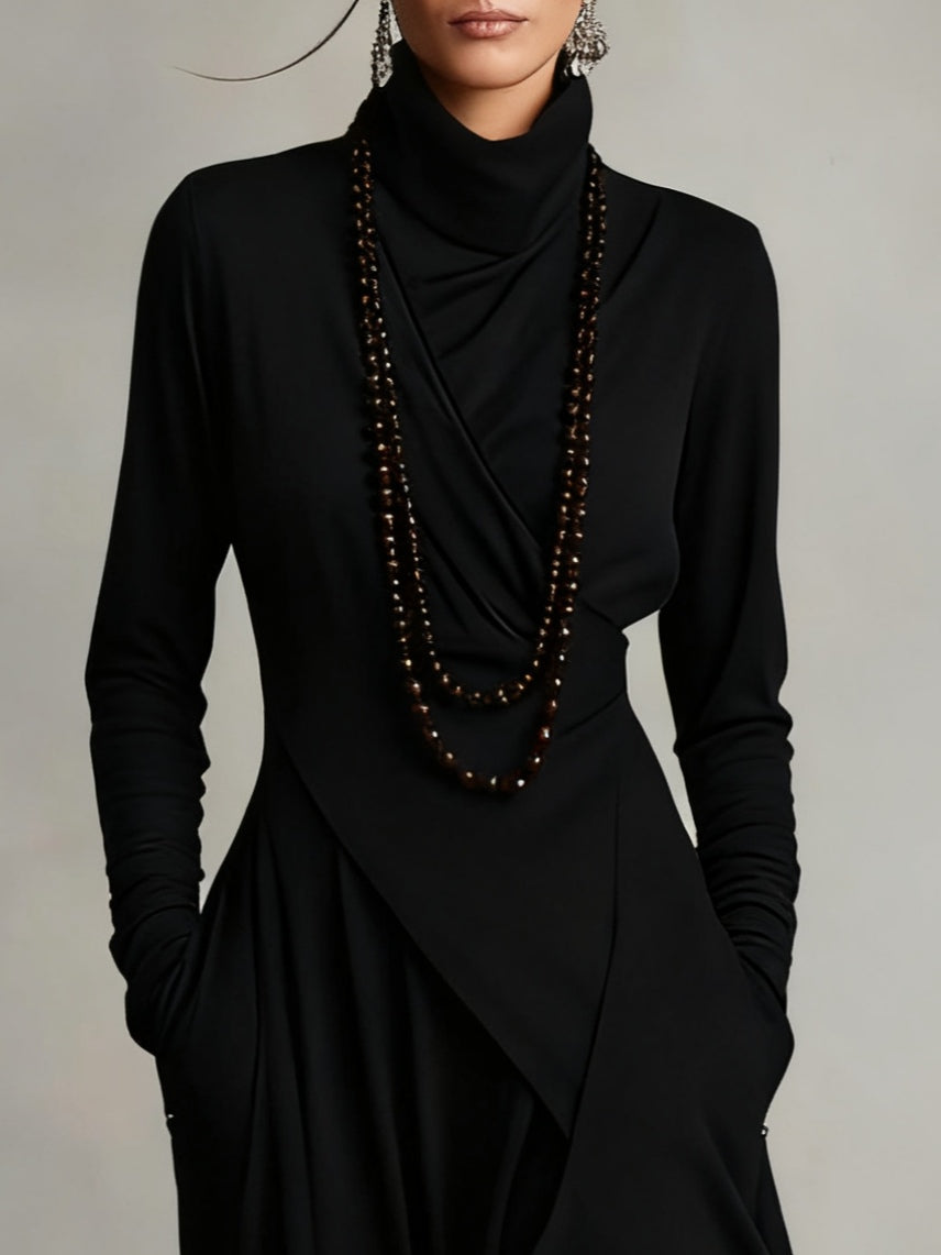 Robe en laine violette à col croisé drapé, manches longues, ourlet asymétrique