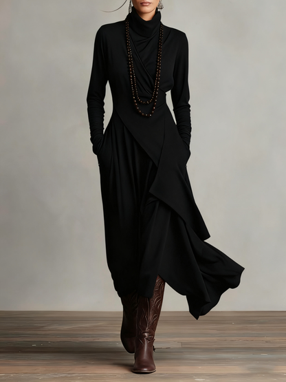 Robe en laine noire à col montant, drapé croisé, jupe ample à pans