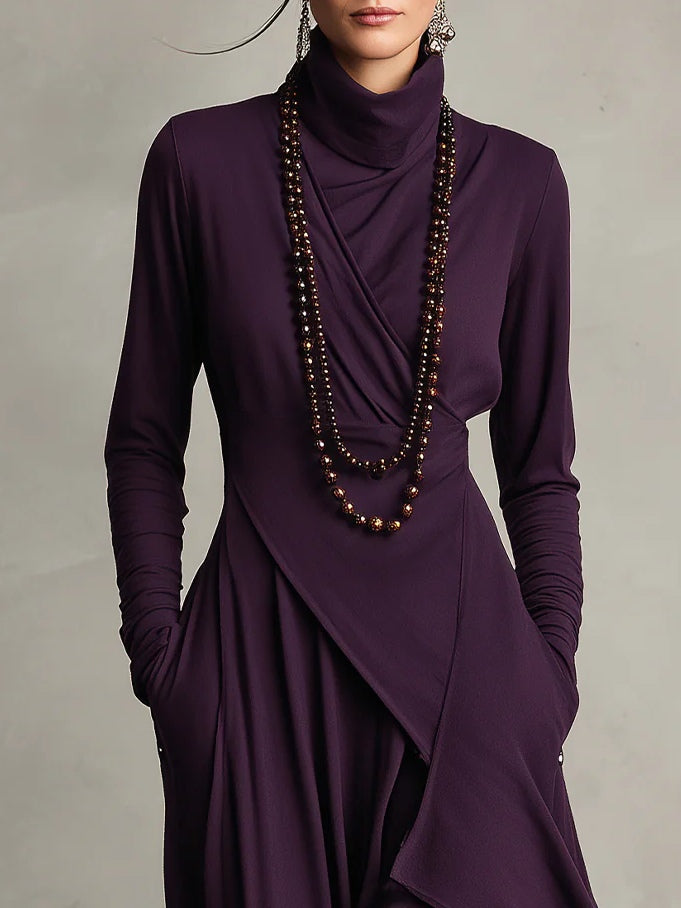 Robe en laine violette à col drapé et manches longues, superposition croisée