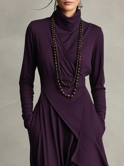 Robe en laine violette à col drapé et manches longues, superposition croisée