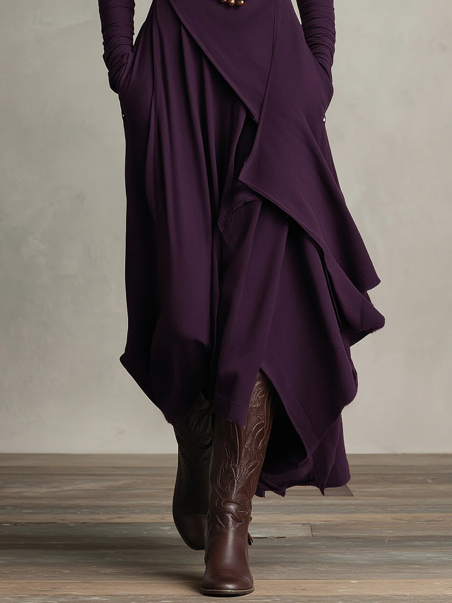 Robe en laine violette à ourlet asymétrique, pan drapé et silhouette ample